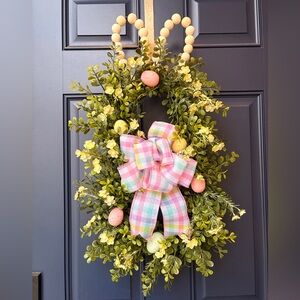 Handmade Boxwood Easter Bunny
Wreath with Pastel Eggs and Pink Plaid Bow 28"×13"